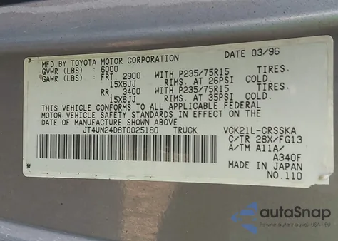 1996 Toyota T100 Xtracab Sr5 z USA, uszkodzony, nr VIN JT4UN24D8T0025180